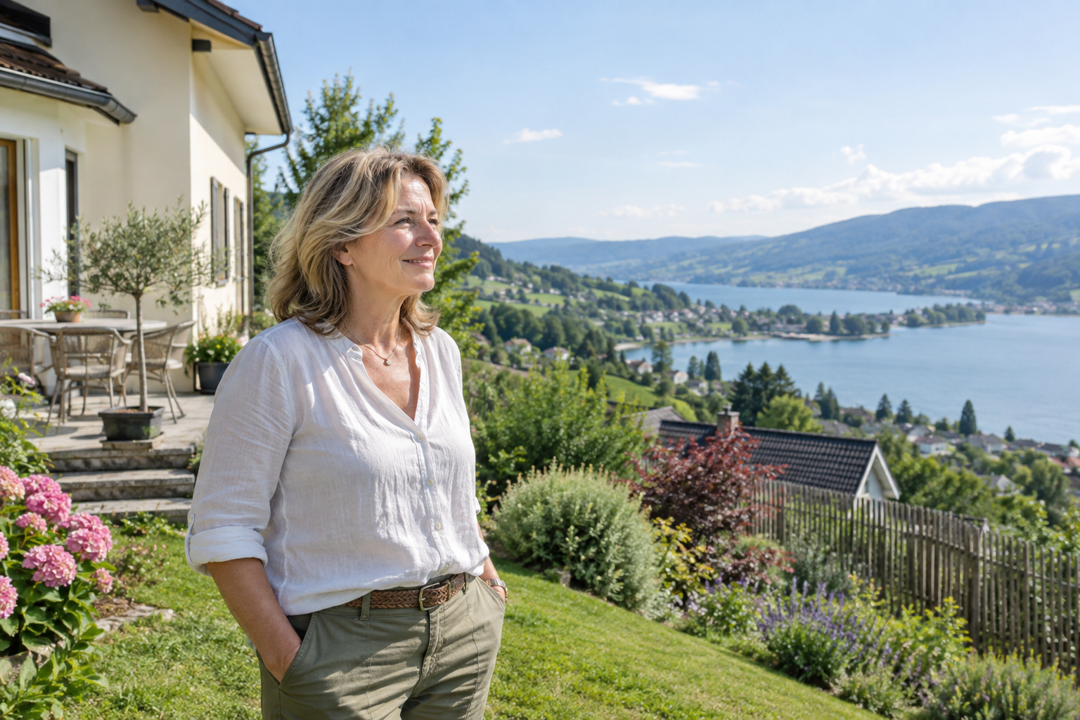 Frau im Garten ihres Hauses mit Blick auf einen See